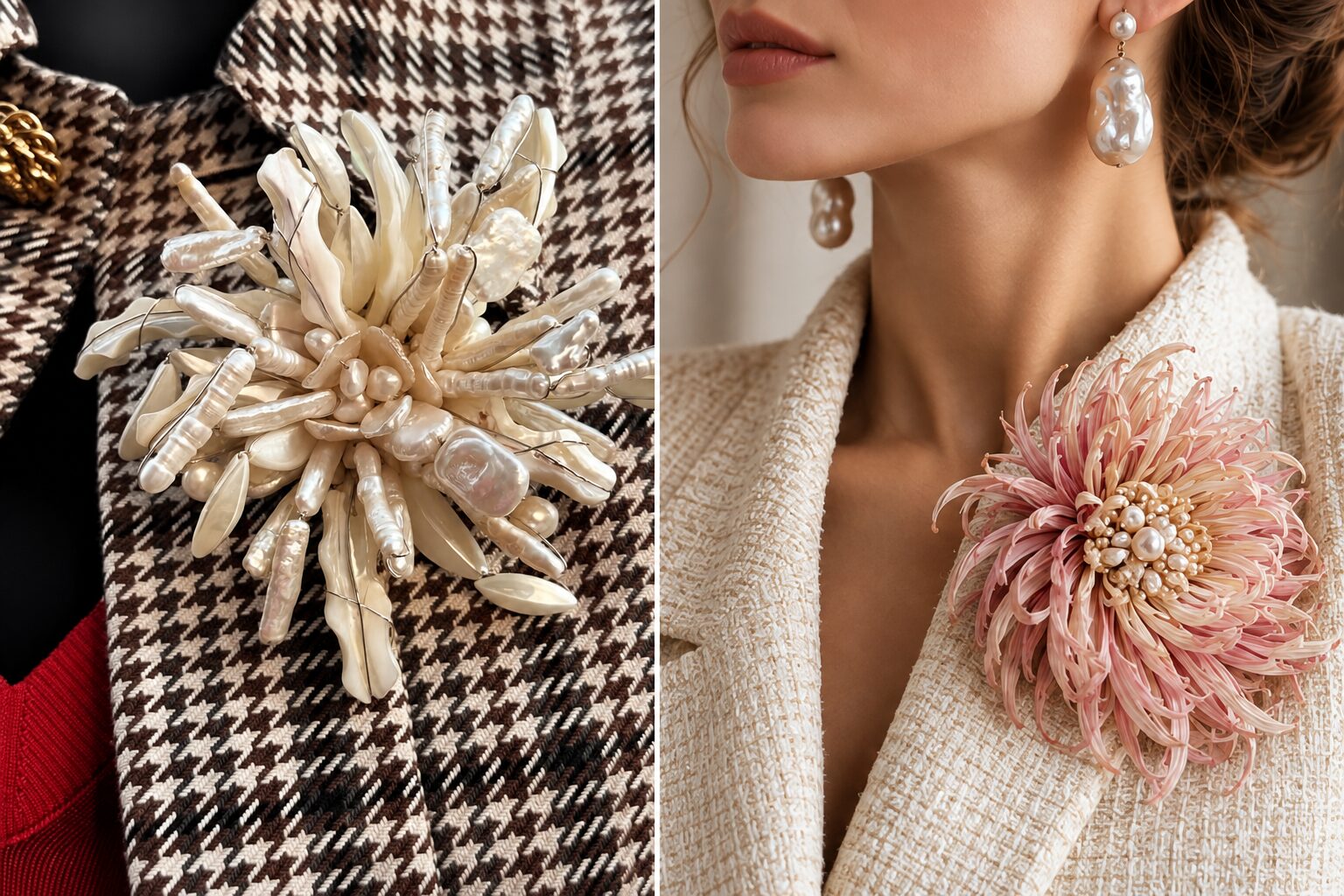 хризантема из жемчуга от Chanel и хризантема с жемчугом от SilkFLora - кутюрная брошь