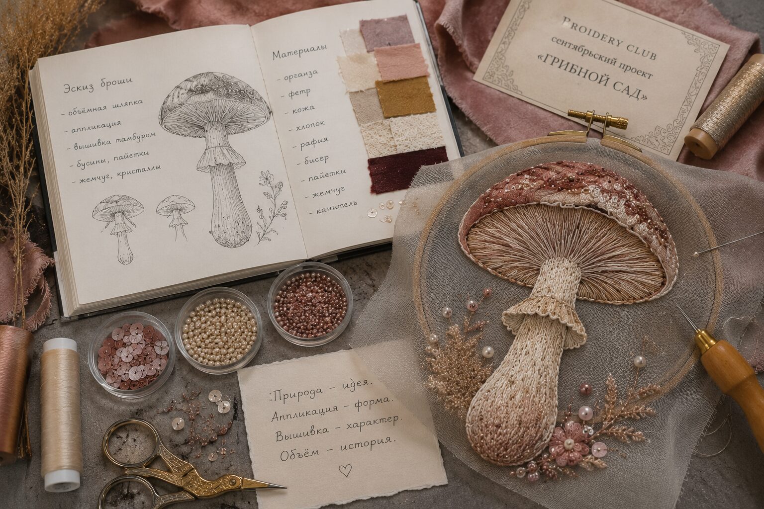 Broidery Club вышитые грибы кутюрная брошь аппликация объём