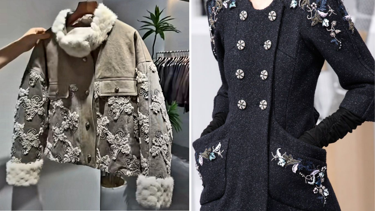 Вышивка на пальто с кордовым кружевом