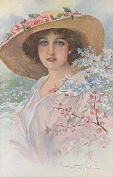 Дама в соломенной шляпе украшенной цветами из шелковой ткани